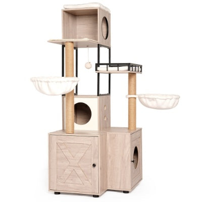 Climb, Scratch & Chill 63″ Cat Activity Tower – Rustic Gray All‑in‑One