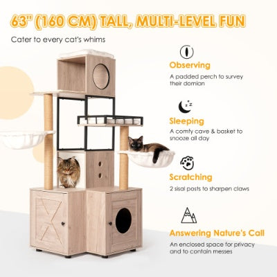 Climb, Scratch & Chill 63″ Cat Activity Tower – Rustic Gray All‑in‑One