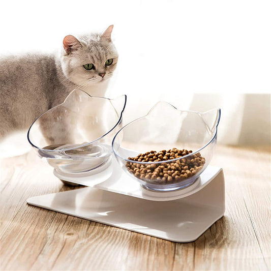 Non‑Slip Double Cat & Dog Bowl with Raised Stand – Ergonomic 15° Tilt Feeding Station
